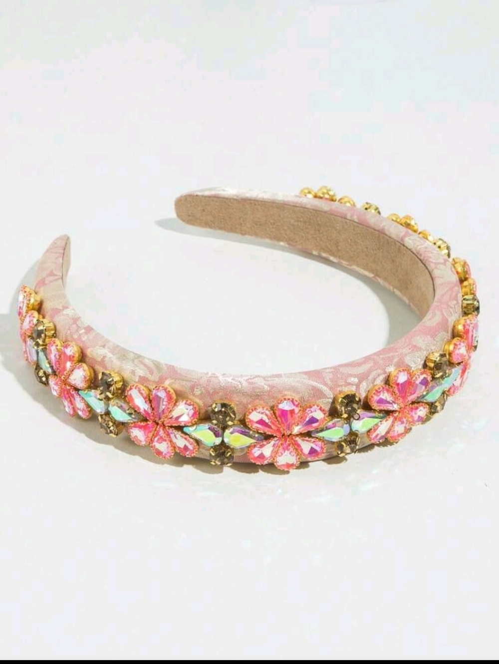 Embellished Pink Floral Headband with Crystal Accents - Picture 2 of 3